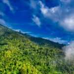 Scenic landscape of a lush green hillside under a vibrant blue sky with fluffy clouds in Banten, Indonesia.